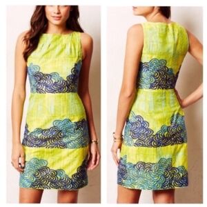 Tabitha Anthropologie Yellow Dress with Blue Embroidery